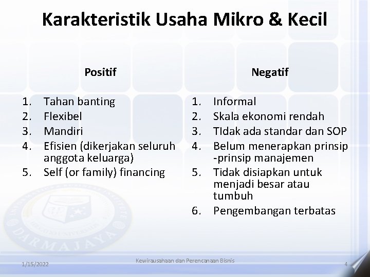 Karakteristik Usaha Mikro & Kecil Positif 1. 2. 3. 4. Negatif Tahan banting Flexibel