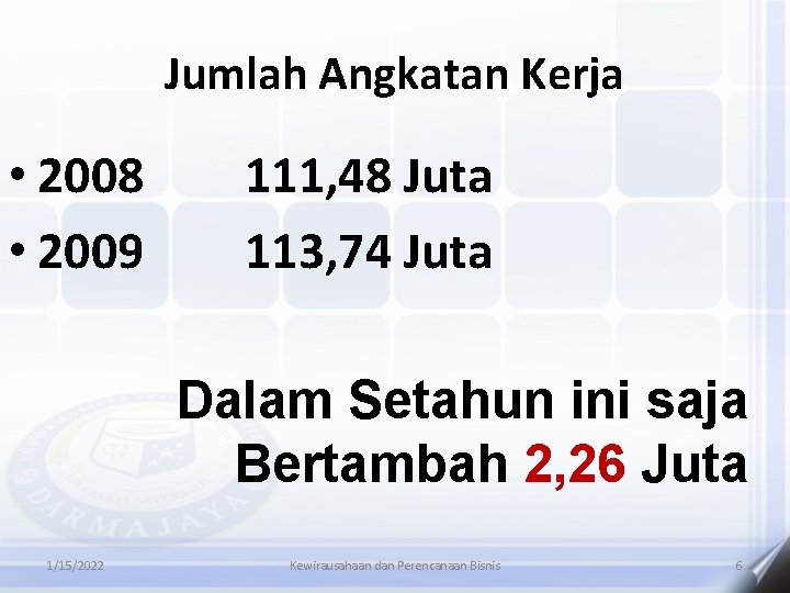 Jumlah Angkatan Kerja • 2008 • 2009 111, 48 Juta 113, 74 Juta Dalam