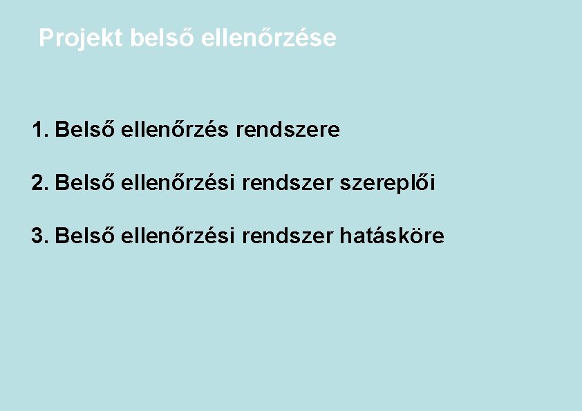 Projekt belső ellenőrzése 1. Belső ellenőrzés rendszere 2. Belső ellenőrzési rendszereplői 3. Belső ellenőrzési