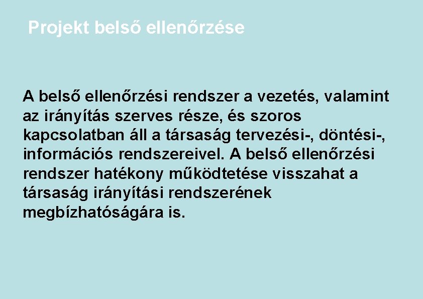 Projekt belső ellenőrzése A belső ellenőrzési rendszer a vezetés, valamint az irányítás szerves része,