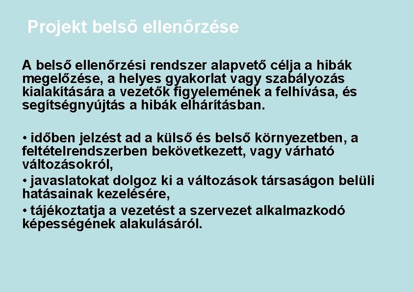 Projekt belső ellenőrzése A belső ellenőrzési rendszer alapvető célja a hibák megelőzése, a helyes