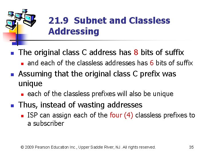 21. 9 Subnet and Classless Addressing n The original class C address has 8