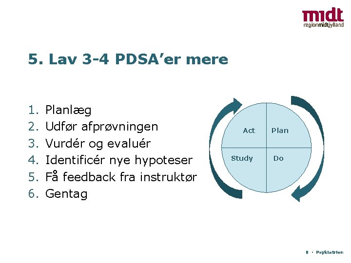 5. Lav 3 -4 PDSA’er mere 1. 2. 3. 4. 5. 6. Planlæg Udfør