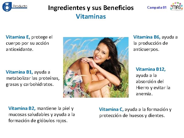 Ingredientes y sus Beneficios Vitamina E, protege el cuerpo por su acción antioxidante. Vitamina