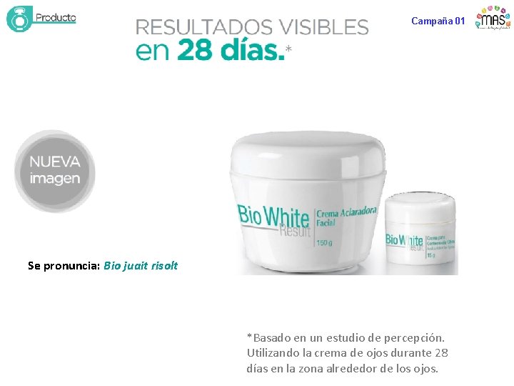 Campaña 01 Se pronuncia: Bio juait risolt *Basado en un estudio de percepción. Utilizando