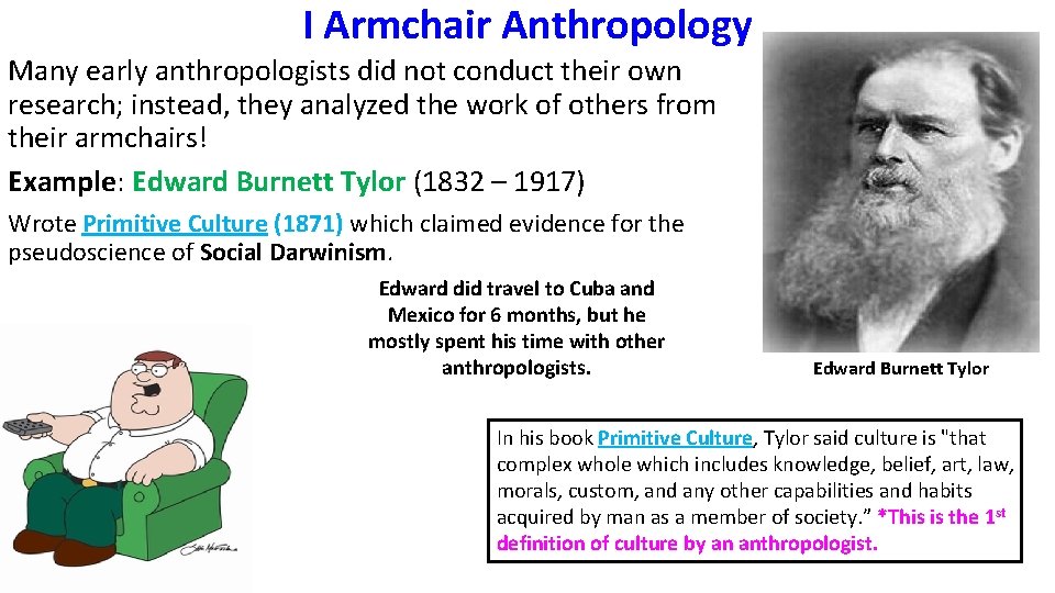 I Armchair Anthropology Many early anthropologists did not conduct their own research; instead, they
