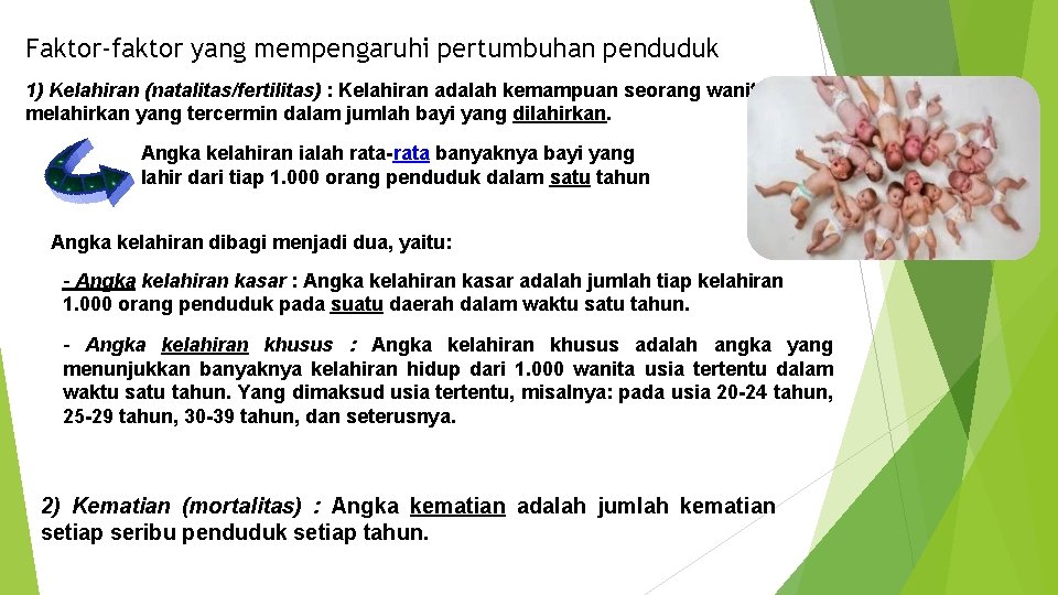 Faktor-faktor yang mempengaruhi pertumbuhan penduduk 1) Kelahiran (natalitas/fertilitas) : Kelahiran adalah kemampuan seorang wanita