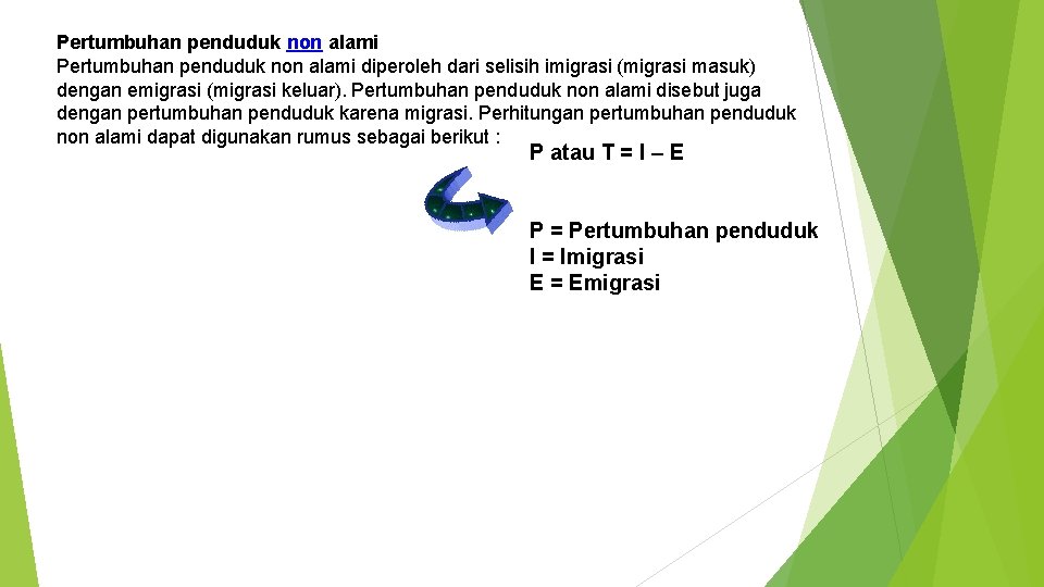 Pertumbuhan penduduk non alami diperoleh dari selisih imigrasi (migrasi masuk) dengan emigrasi (migrasi keluar).