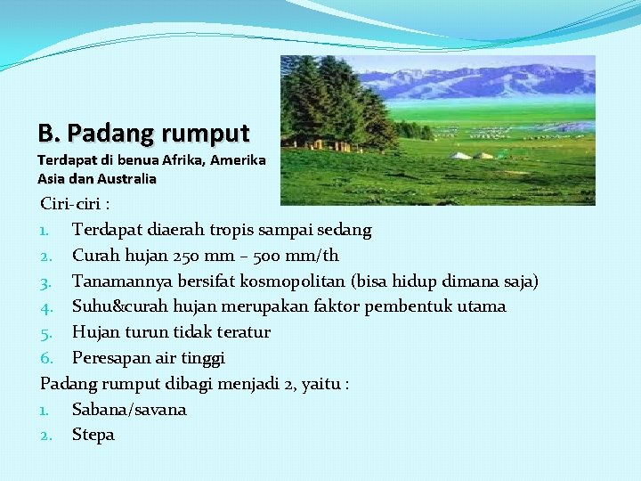 B. Padang rumput Terdapat di benua Afrika, Amerika Asia dan Australia Ciri-ciri : 1.