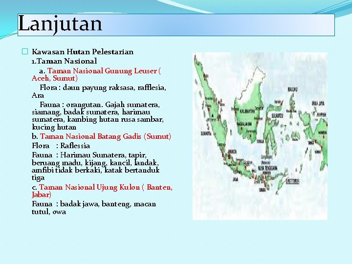 Lanjutan � Kawasan Hutan Pelestarian 1. Taman Nasional a. Taman Nasional Gunung Leuser (