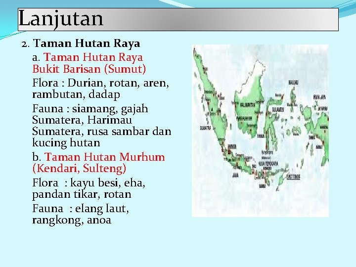 Lanjutan 2. Taman Hutan Raya a. Taman Hutan Raya Bukit Barisan (Sumut) Flora :