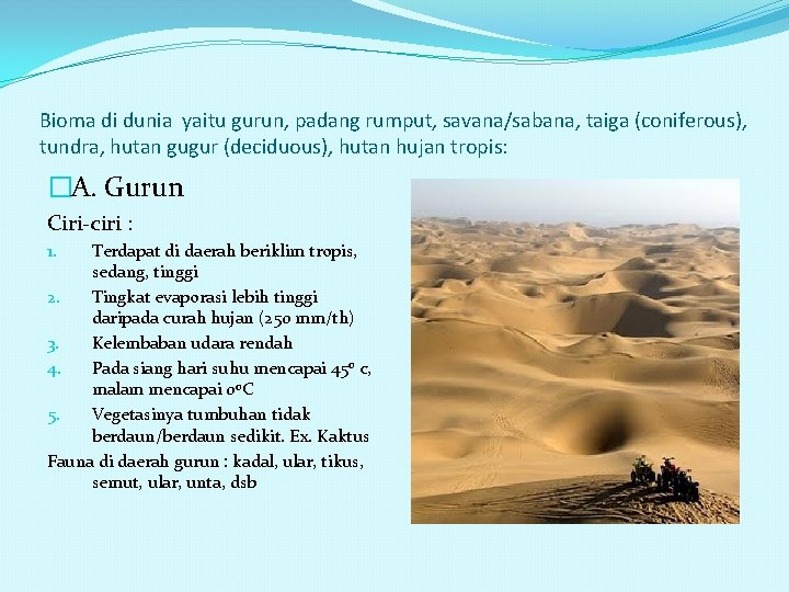 Bioma di dunia yaitu gurun, padang rumput, savana/sabana, taiga (coniferous), tundra, hutan gugur (deciduous),