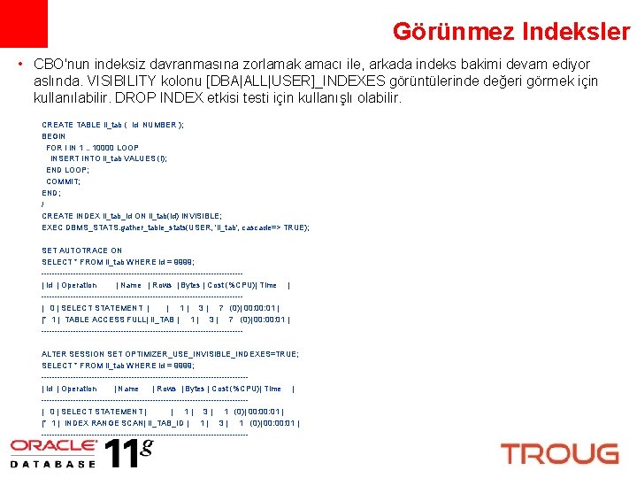 Görünmez Indeksler • CBO'nun indeksiz davranmasına zorlamak amacı ile, arkada indeks bakimi devam ediyor