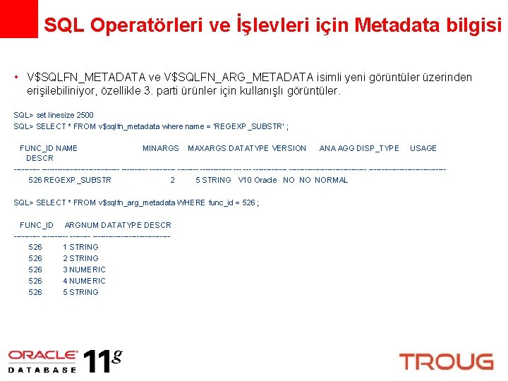 SQL Operatörleri ve İşlevleri için Metadata bilgisi • V$SQLFN_METADATA ve V$SQLFN_ARG_METADATA isimli yeni görüntüler