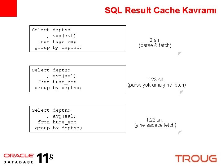 SQL Result Cache Kavramı Select , from group deptno avg(sal) huge_emp by deptno; 2