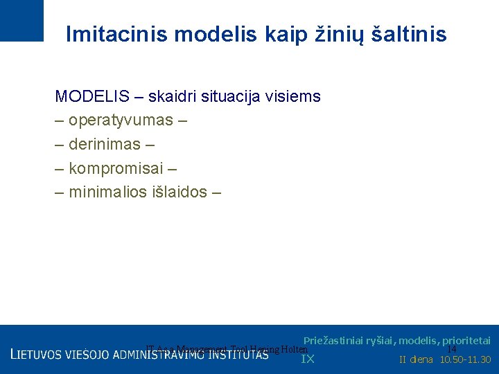 Imitacinis modelis kaip žinių šaltinis MODELIS – skaidri situacija visiems – operatyvumas – –