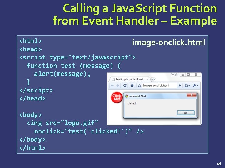 Calling a Java. Script Function from Event Handler – Example <html> image-onclick. html <head>