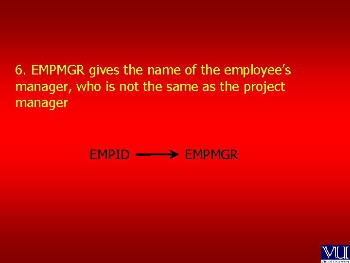 6. EMPMGR gives the name of the employee’s manager, who is not the same