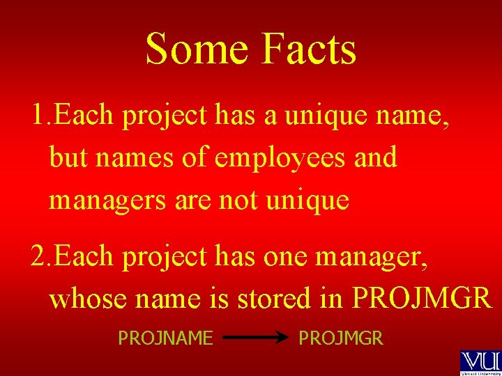 Some Facts 1. Each project has a unique name, but names of employees and