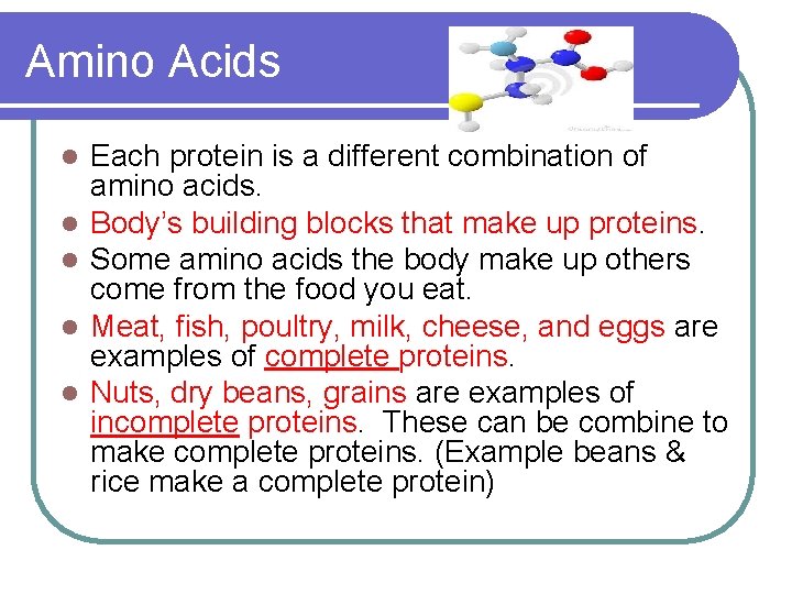 Amino Acids l l l Each protein is a different combination of amino acids.