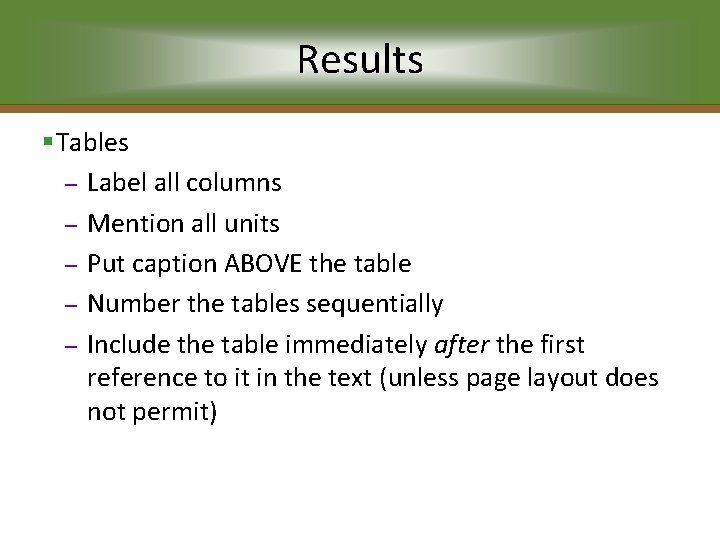 Results §Tables – Label all columns – Mention all units – Put caption ABOVE