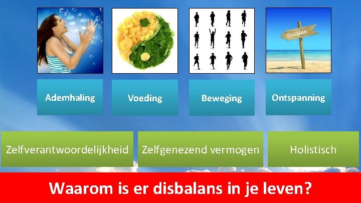 Ademhaling Voeding Zelfverantwoordelijkheid Beweging Zelfgenezend vermogen Ontspanning Holistisch Waarom is er disbalans in je