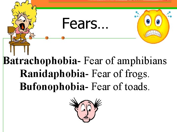 Fears… Batrachophobia- Fear of amphibians Ranidaphobia- Fear of frogs. Bufonophobia- Fear of toads. 