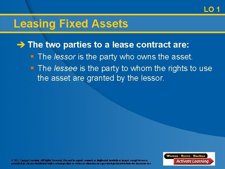 LO 1 Leasing Fixed Assets è The two parties to a lease contract are: