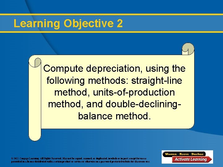 Learning Objective 2 Compute depreciation, using the following methods: straight-line method, units-of-production method, and