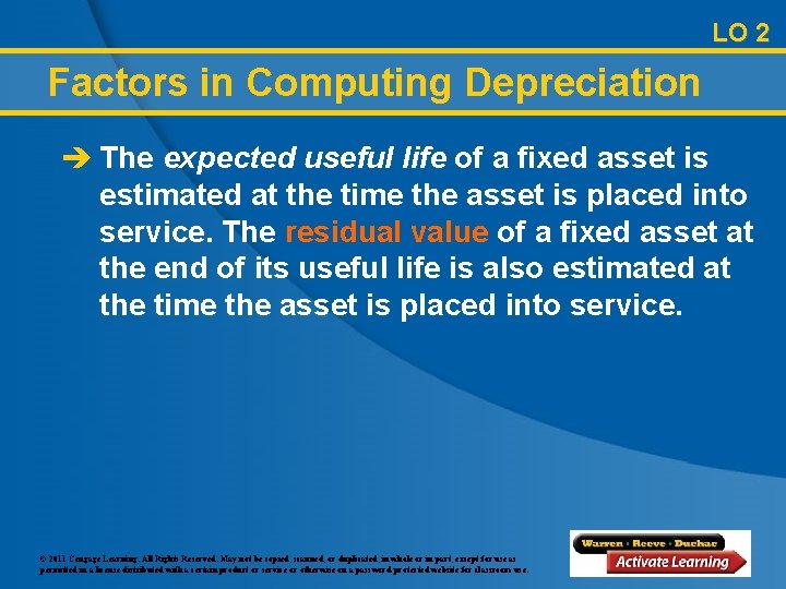 LO 2 Factors in Computing Depreciation è The expected useful life of a fixed