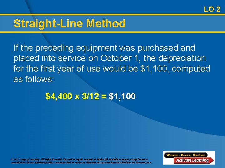 LO 2 Straight-Line Method If the preceding equipment was purchased and placed into service