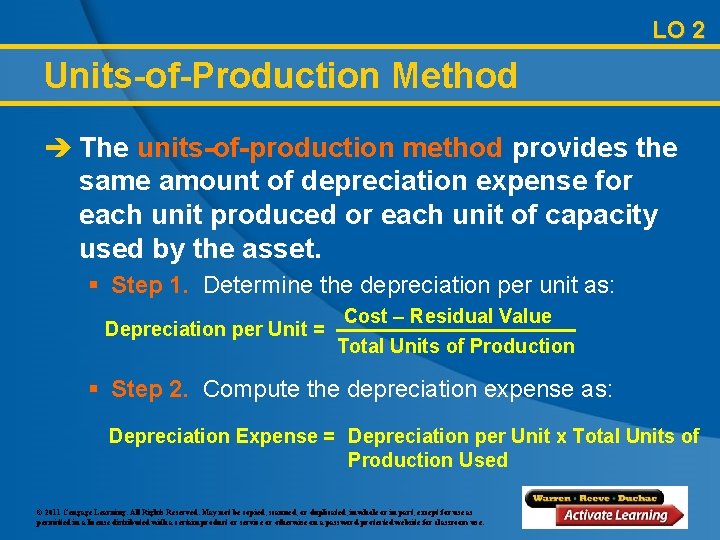LO 2 Units-of-Production Method è The units-of-production method provides the same amount of depreciation
