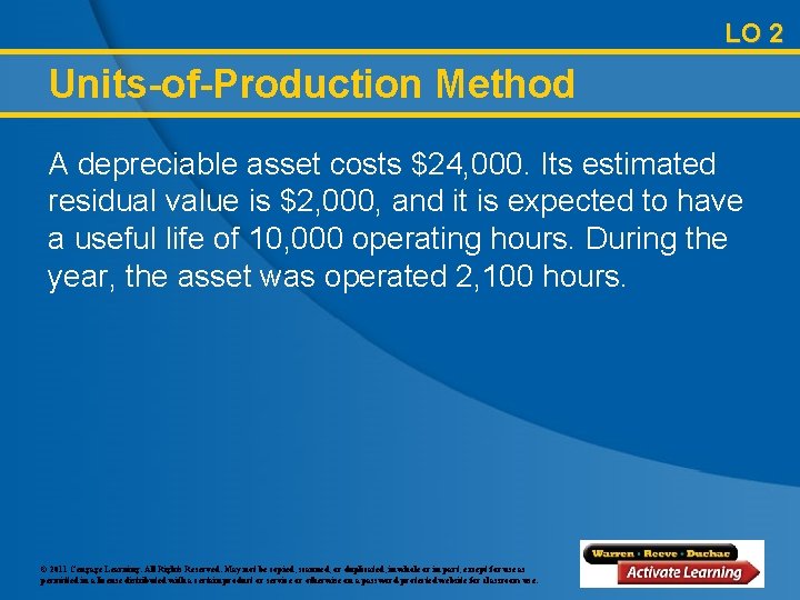 LO 2 Units-of-Production Method A depreciable asset costs $24, 000. Its estimated residual value