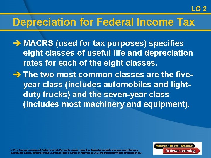 LO 2 Depreciation for Federal Income Tax è MACRS (used for tax purposes) specifies