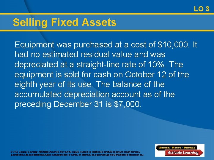 LO 3 Selling Fixed Assets Equipment was purchased at a cost of $10, 000.