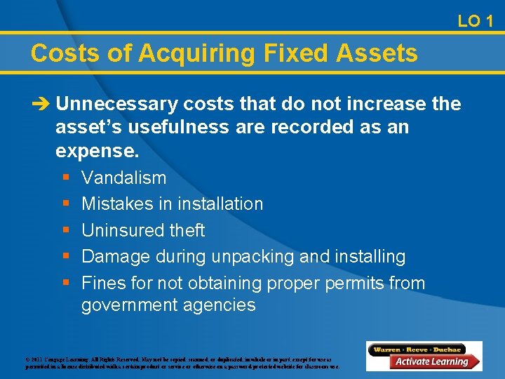 LO 1 Costs of Acquiring Fixed Assets è Unnecessary costs that do not increase
