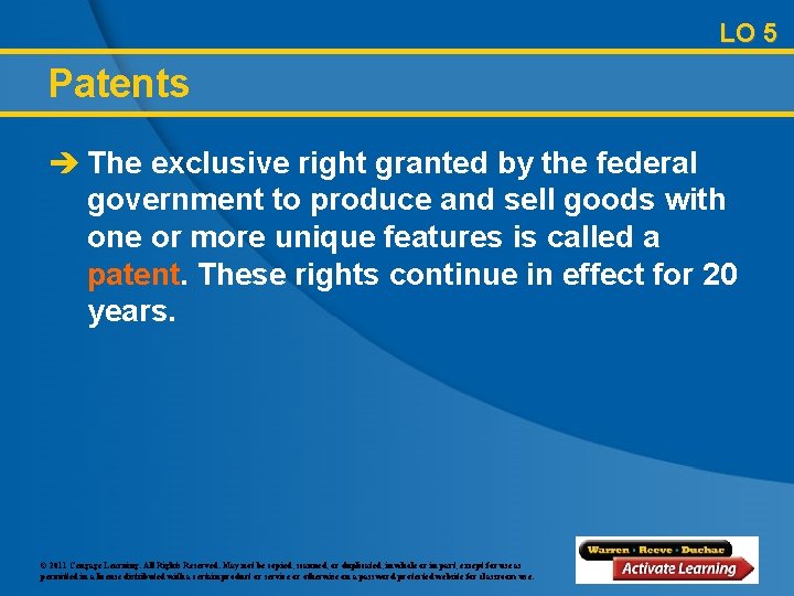 LO 5 Patents è The exclusive right granted by the federal government to produce