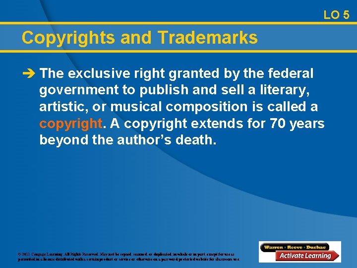 LO 5 Copyrights and Trademarks è The exclusive right granted by the federal government