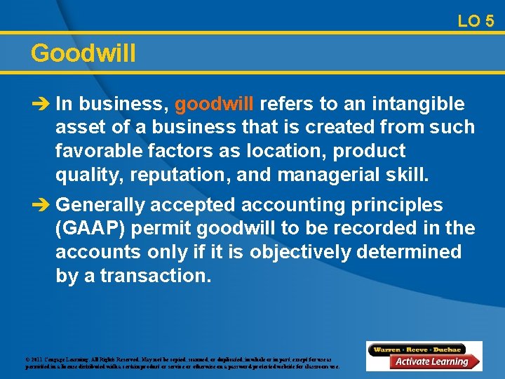LO 5 Goodwill è In business, goodwill refers to an intangible asset of a
