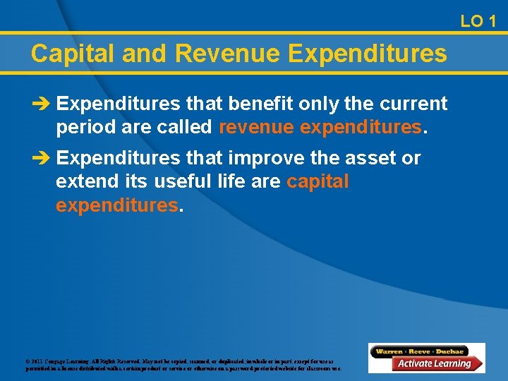 LO 1 Capital and Revenue Expenditures è Expenditures that benefit only the current period