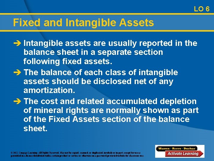 LO 6 Fixed and Intangible Assets è Intangible assets are usually reported in the
