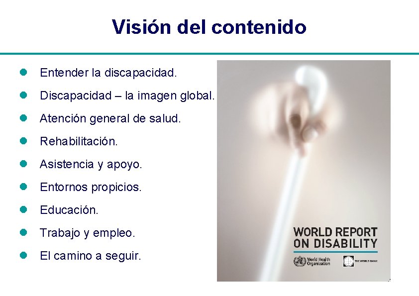 Visión del contenido l Entender la discapacidad. l Discapacidad – la imagen global. l