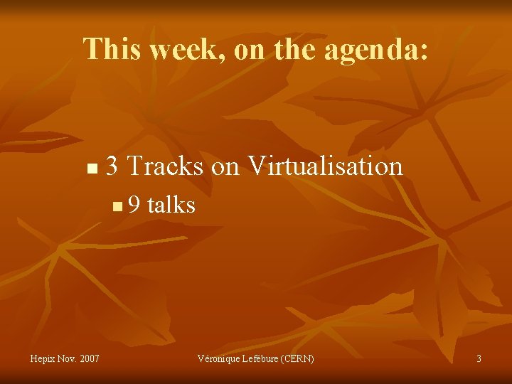 This week, on the agenda: n 3 Tracks on Virtualisation n Hepix Nov. 2007