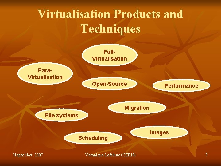 Virtualisation Products and Techniques Full. Virtualisation Para. Virtualisation Open-Source Performance Migration File systems Scheduling