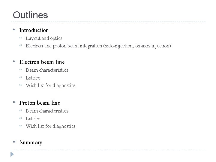 Outlines Introduction Electron beam line Beam characteristics Lattice Wish list for diagnostics Proton beam Outlines Introduction Electron beam line Beam characteristics Lattice Wish list for diagnostics Proton beam