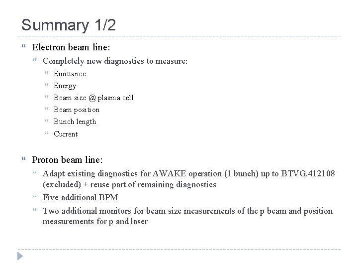 Summary 1/2 Electron beam line: Completely new diagnostics to measure: Emittance Energy Beam size Summary 1/2 Electron beam line: Completely new diagnostics to measure: Emittance Energy Beam size