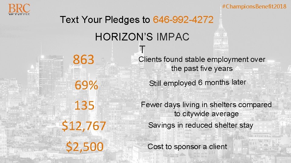 #Champions. Benefit 2018 Text Your Pledges to 646 -992 -4272 863 HORIZON’S IMPAC T