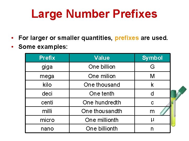 Large Number Prefixes • For larger or smaller quantities, prefixes are used. • Some