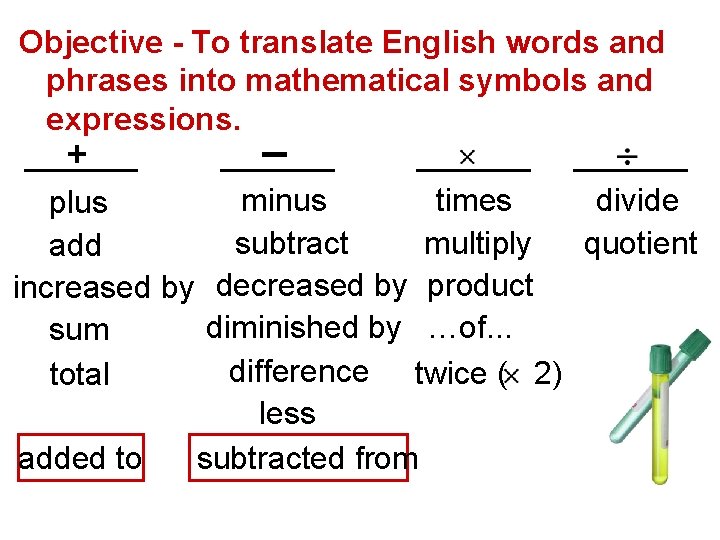 Objective - To translate English words and phrases into mathematical symbols and expressions. +