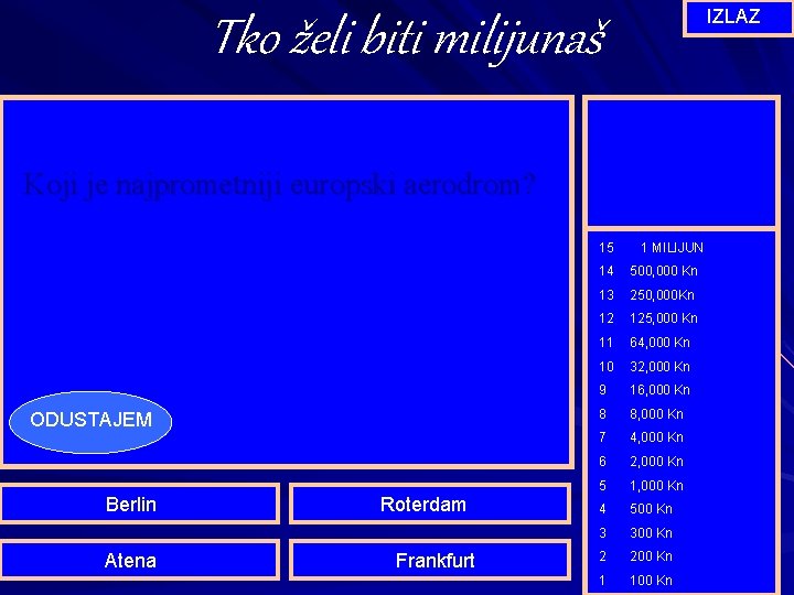 IZLAZ Tko želi biti milijunaš Koji je najprometniji europski aerodrom? 15 ODUSTAJEM Berlin Atena